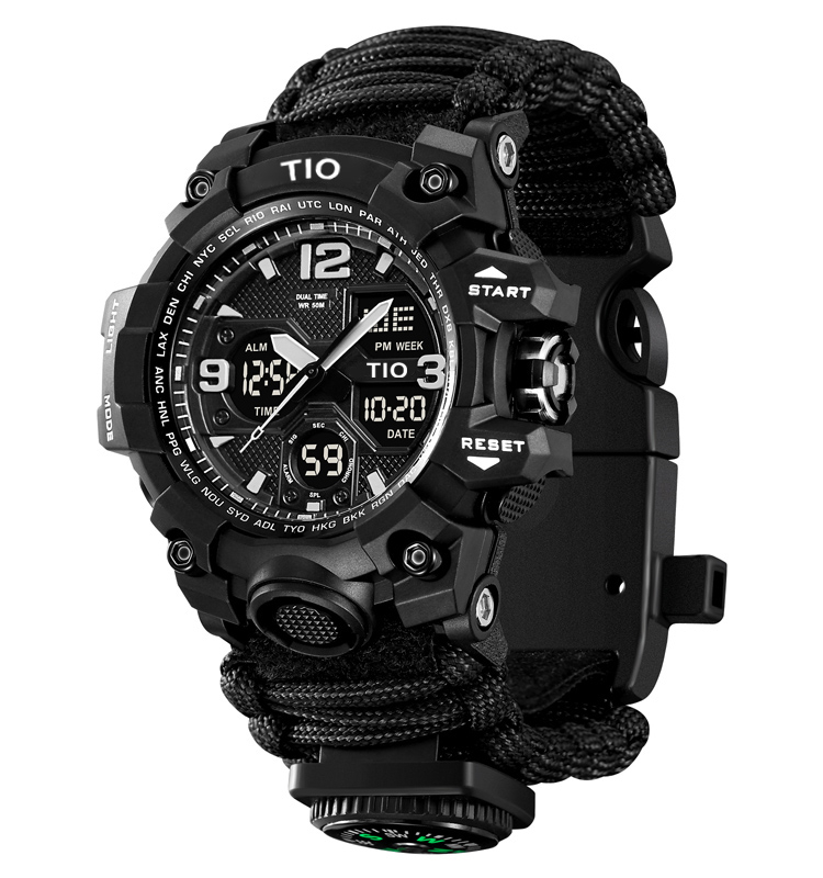 Ceas barbatesc de mana, Tio, Supravietuire, Cremene foc, Busola, Paracord, Fluier, Lama, Cronograf, Army, Militar, Sport, Digital Negru