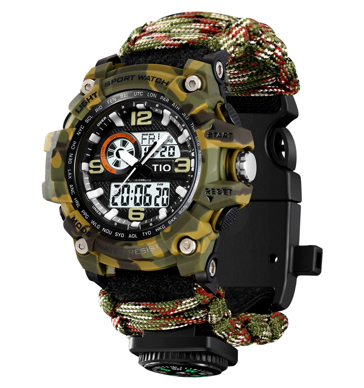 Ceas barbatesc Tio   Stil Militar, Army, Supravietuire, Cremene foc, Busola, Paracord, Fluier Verde Camuflaj