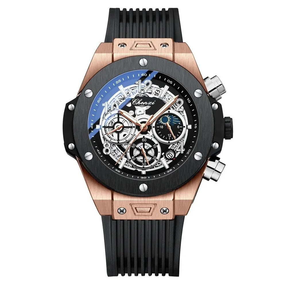 Ceas Barbati Chenxi 949 Rose Gold ,   Multifunctional, Design Sport, Luminos, Cronograf, Rezistent la Apa 3ATM