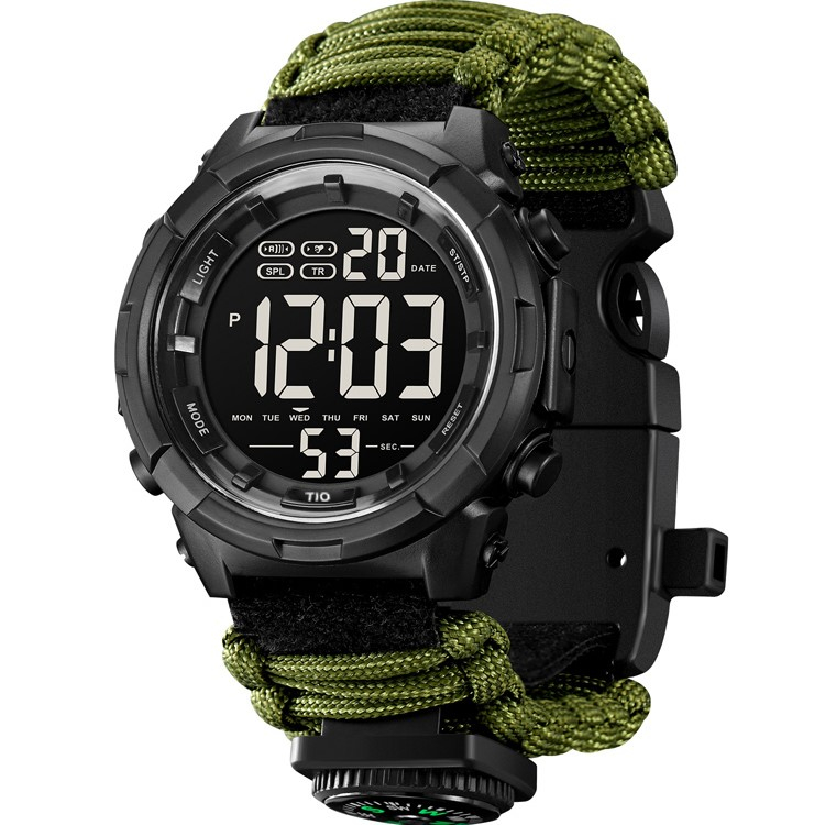 Ceas barbati de mana, Tio, Supravietuire, Cremene foc, Busola, Paracord, Fluier, Lama, Digital, Cronograf, Army, Militar, Sport Verde