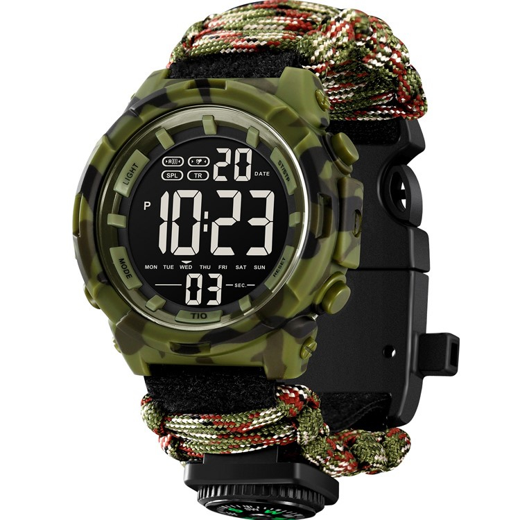 Ceas barbati de mana, Tio, Supravietuire, Cremene foc, Busola, Paracord, Fluier, Lama, Digital, Cronograf, Army, Militar, Sport Camuflaj Verde