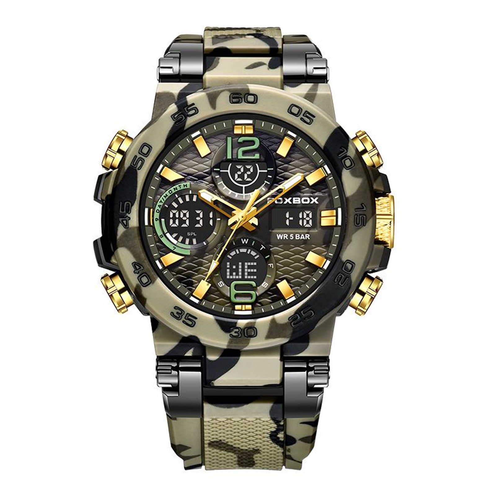 Ceas Barbati Lige 0077 Camuflaj ,   Design Military, Functii Multiple, Afisaj Luminos, Rezistent la Apa 5ATM