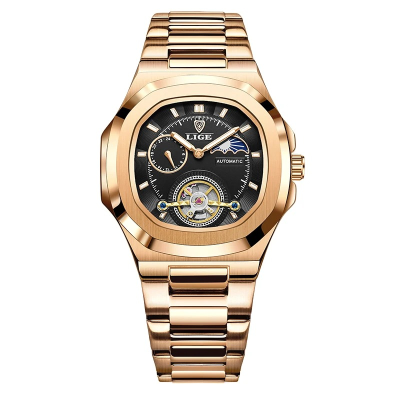 Ceas Barbati Lige 6821 Rose Gold-Negru ,   Mecanic, Design Business, Functii Multiple, Rezistent la socuri, Rezistent la Apa 3ATM