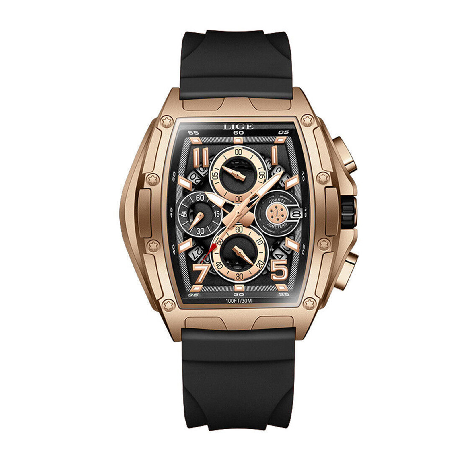 Ceas Barbati Lige 89110 Rose Gold-Negru ,   Design Casual, Functii Multiple, Afisaj Luminos, Rezistent la Apa 3ATM