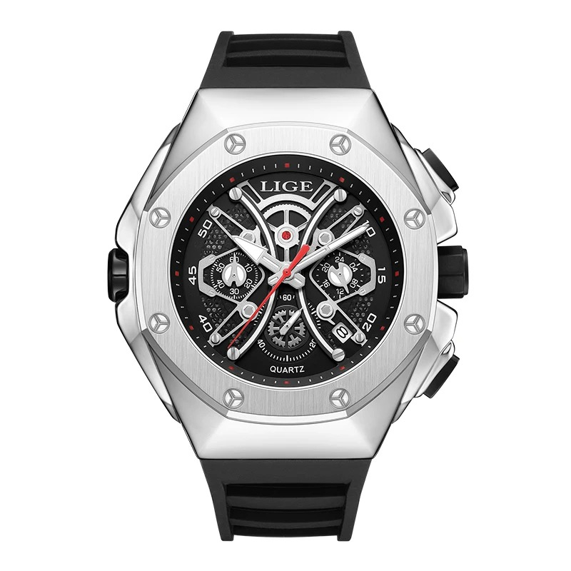 Ceas Barbati Lige 89111 Argintiu-Negru ,   Design Luxury, Functii Multiple, Afisaj Luminos, Rezistent la Apa 3ATM