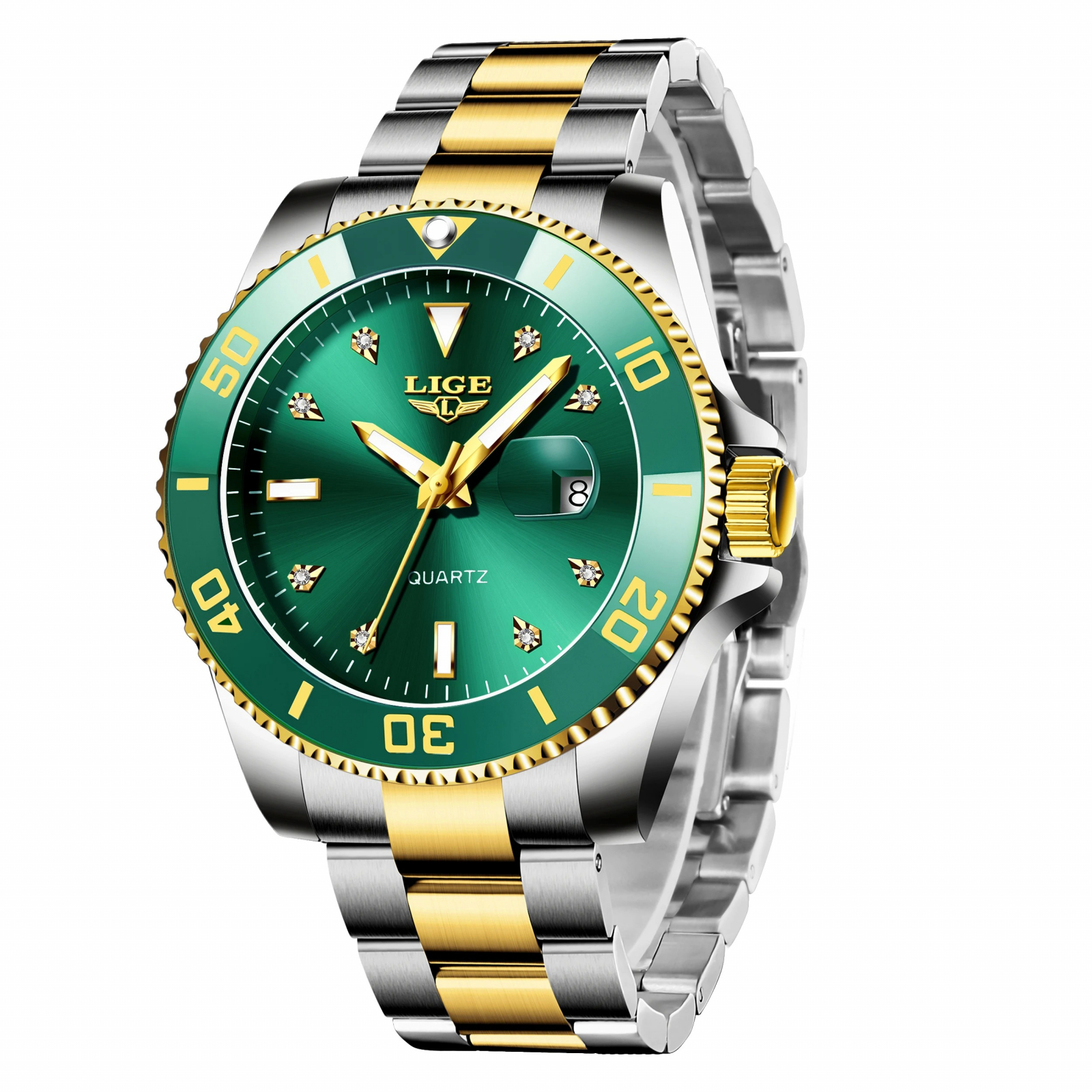 Ceas Barbati Lige 89151 Auriu-Verde ,   Design Business, Functii Multiple, Rezistent la socuri, Rezistent la Apa 3ATM