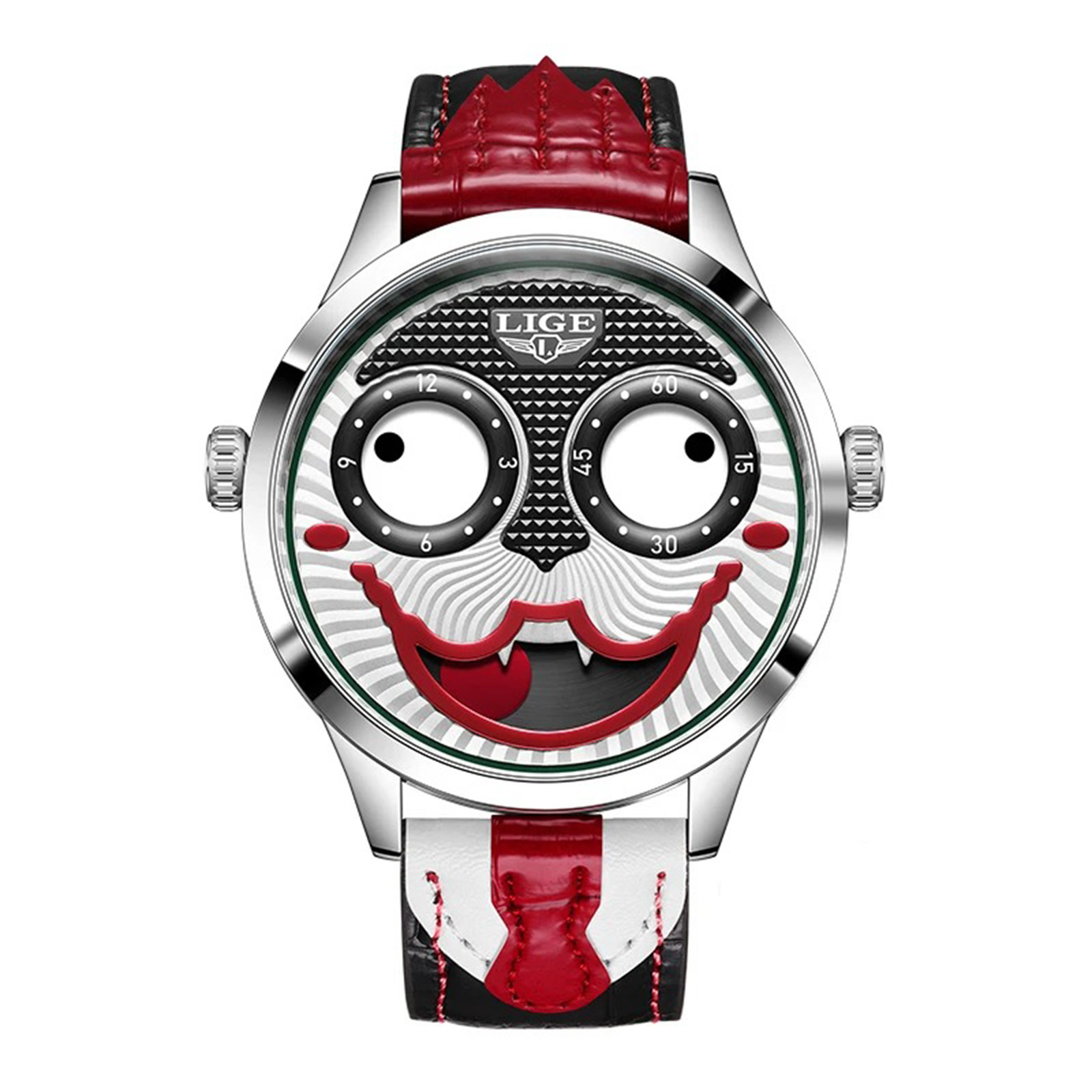 Ceas Barbati Lige 89160 Argintiu-Rosu ,   Design Creativ Clown, Functii Multiple, Afisaj Luminos, Rezistent la Apa 3ATM