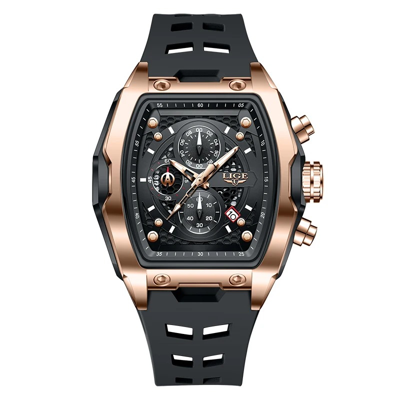 Ceas Barbati Lige 89194 Rose Gold-Negru ,   Design Casual, Functii Multiple, Afisaj Luminos, Rezistent la Apa 3ATM