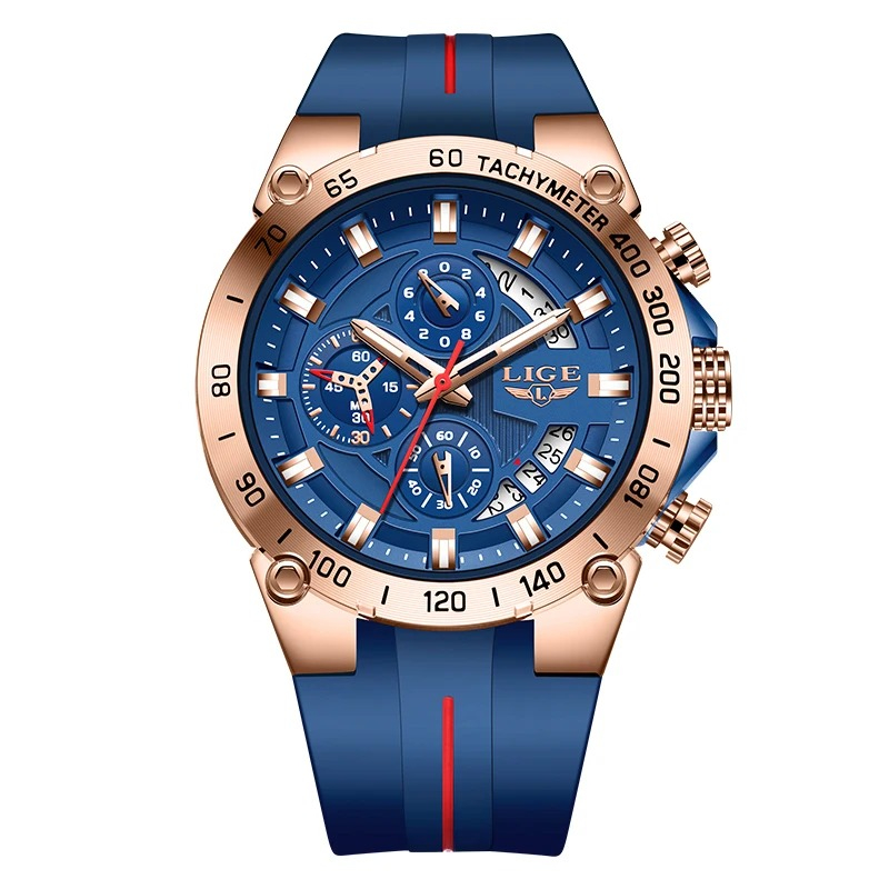 Ceas Barbati Lige 89202 Rose Gold-Albastru ,   Design Fashion, Functii Multiple, Afisaj Luminos, Rezistent la Apa 3ATM