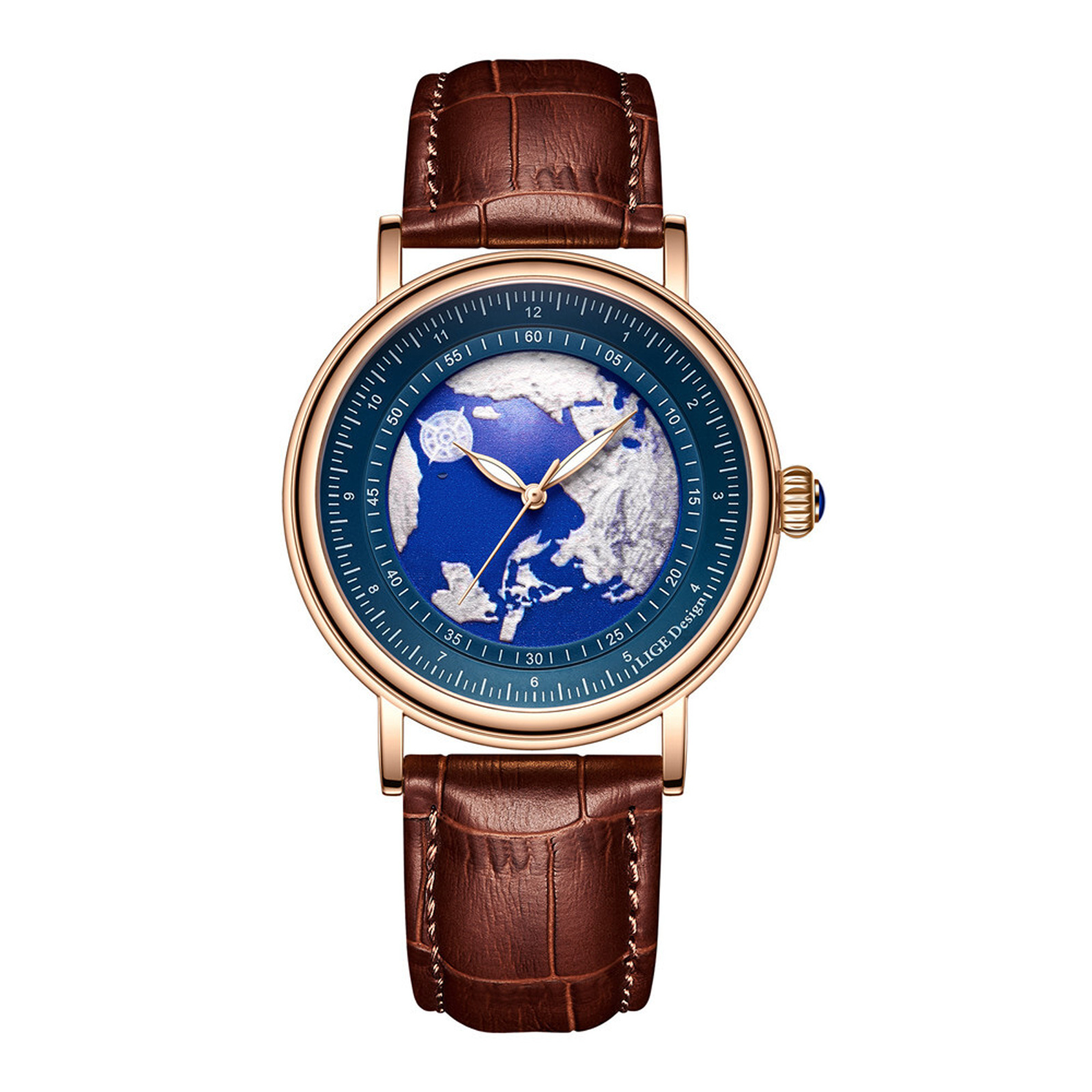 Ceas Barbati Lige 8963 Rose Gold-Albastru ,   Design Business, Functii Multiple, Afisaj Luminos, Rezistent la Apa 3ATM