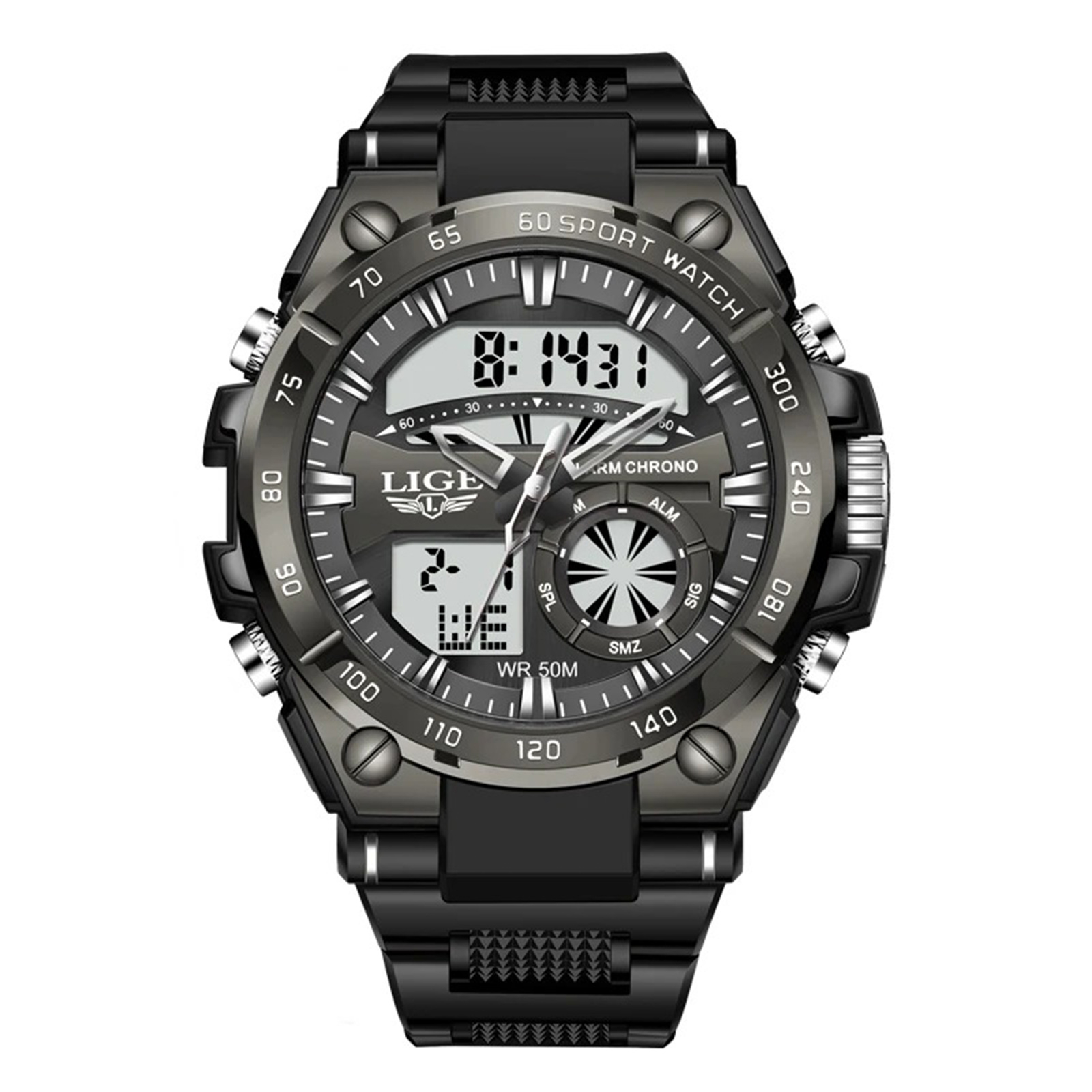 Ceas Barbati Lige 8971 Negru ,   Design Military, Functii Multiple, Cronograf, Rezistent la Apa 5ATM