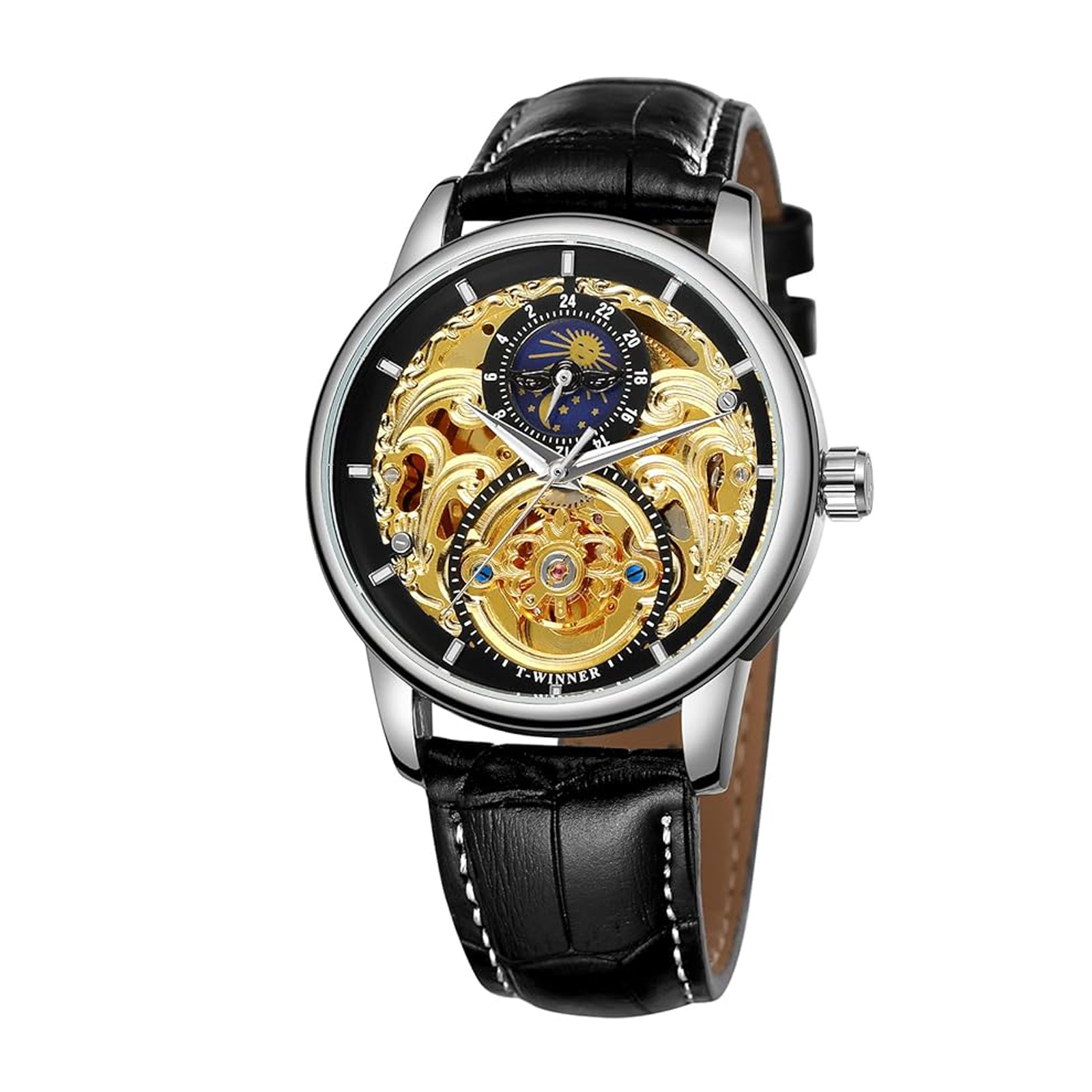 Ceas Barbati T-Winner 8177 Negru-Auriu Mecanic ,   Design Luxury, Functii Multiple, Rezistent la Apa 3ATM