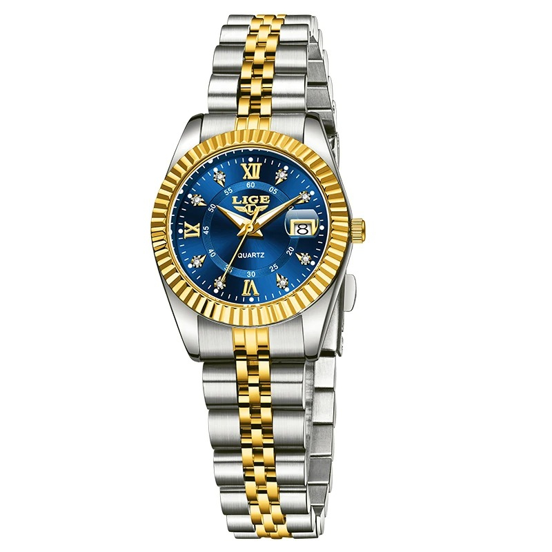 Ceas Dama Lige 89175 Argintiu-Auriu-Albastru ,   Design Fashion, Functii Multiple, Afisaj Luminos, Rezistent la Apa 3ATM