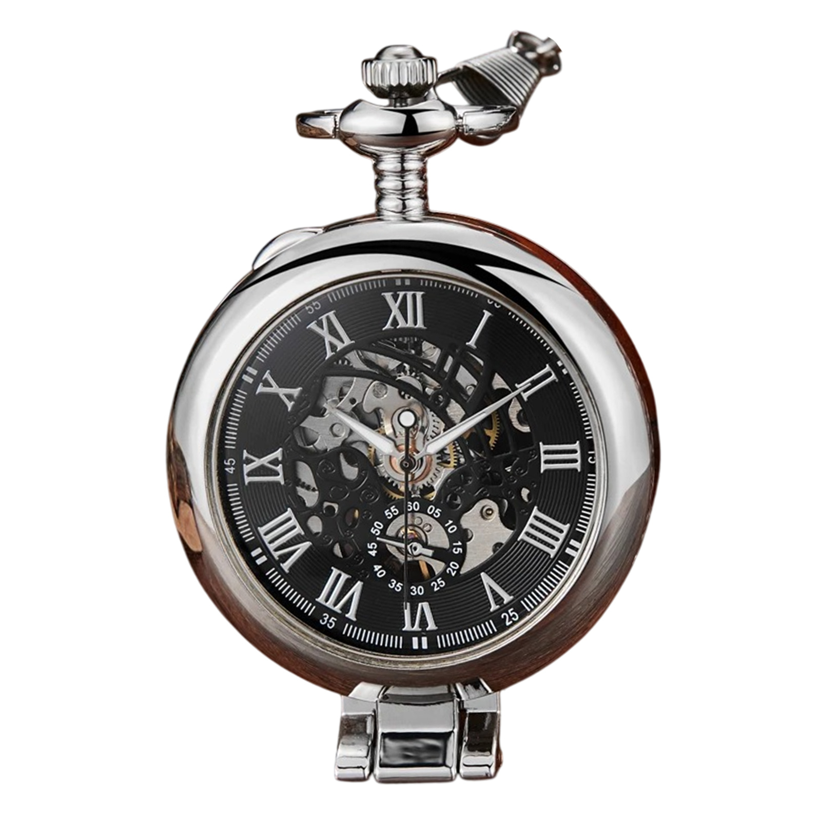 Ceas de buzunar Gorben PM229 Argintiu - Skeleton Mecanic, Afisaj cu Cifre Romane, Cu Lant Vintage Retro