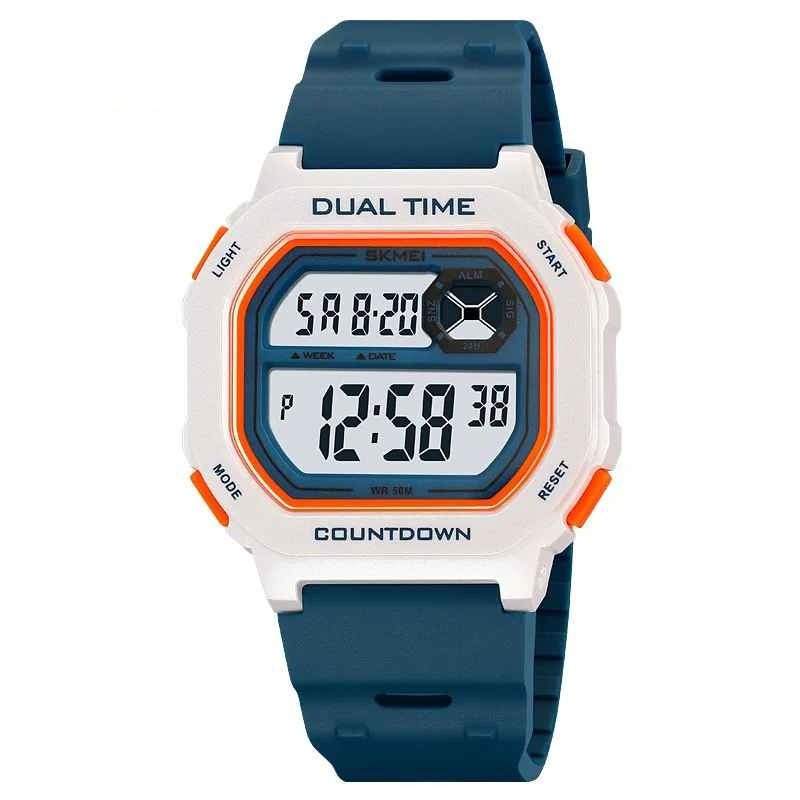 Ceas sport SKMEI 2641 barbati, digital, alb cu albastru si accente portocalii, rezistent la apa 30M