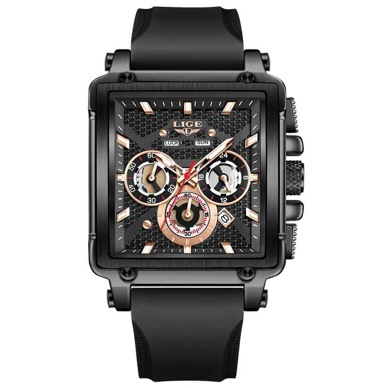 LIGE 89217 Ceas Barbati Quartz, Square Design, Silicon Strap, Luminous, Calendar, Waterproof 3ATM, Sport  Casual