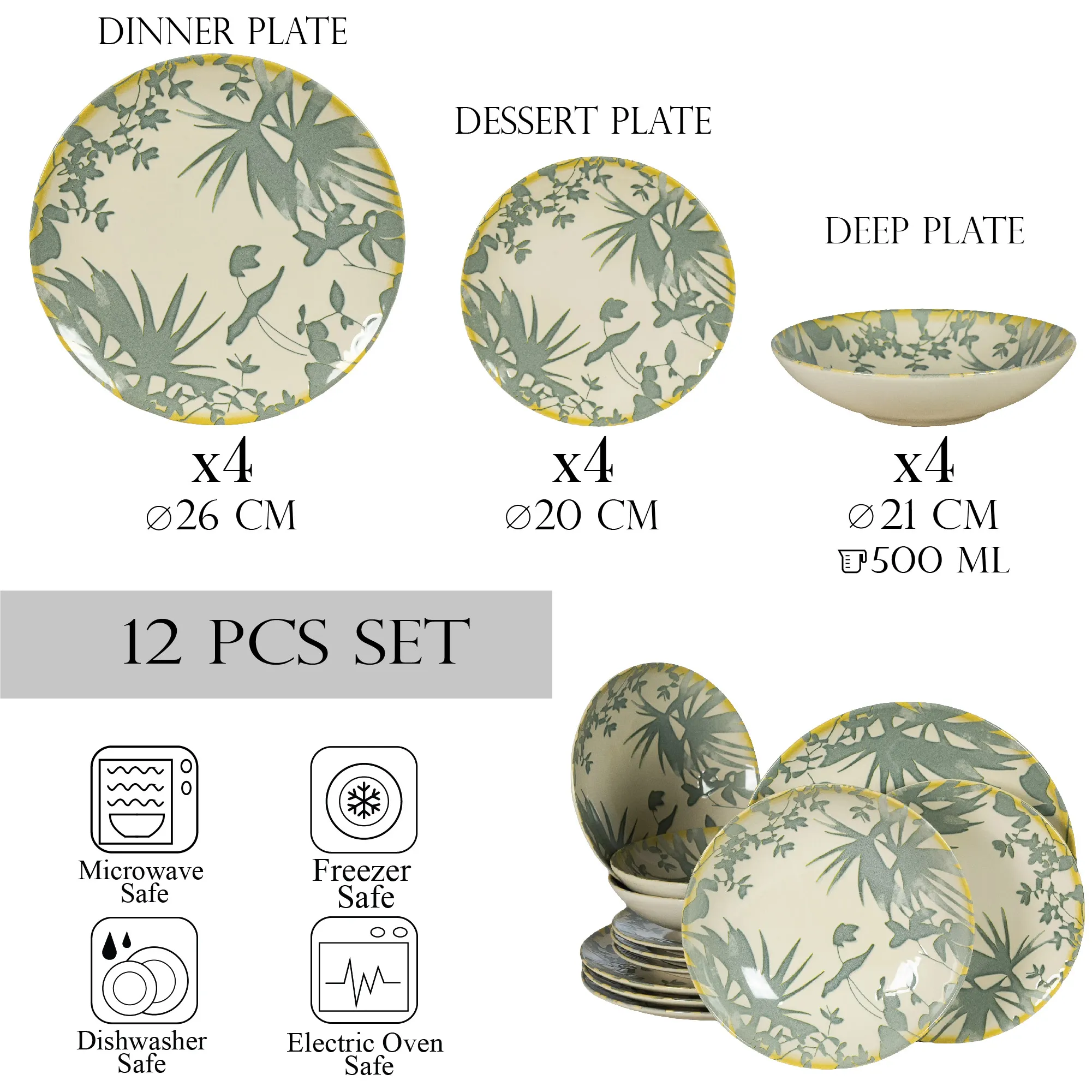 Set 12 Piese Summer 44 Gri: 4 Farfurii Întinse 26cm, 4 Farfurii Desert 20cm & 4 Boluri 21cm/500ml [3]