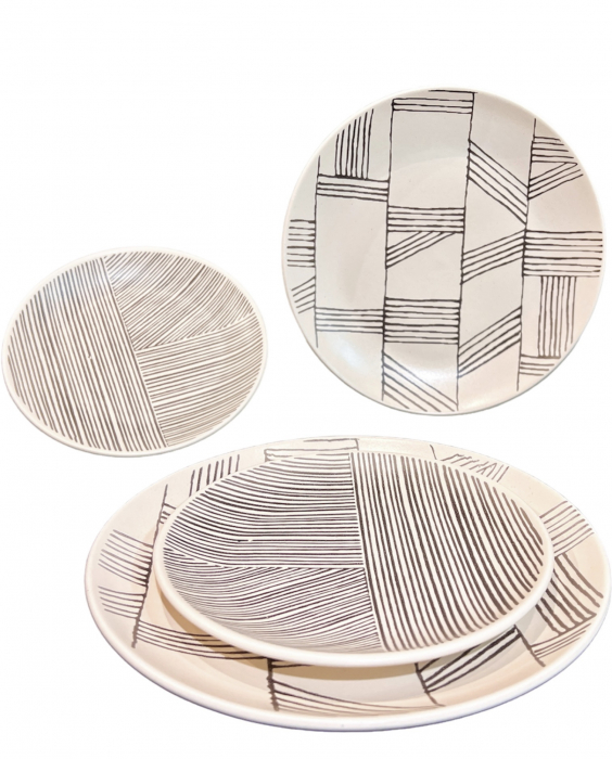 Set 12 Farfurii Ceramica (6 buc Desert 21cm, 6 buc Mari 26cm) Decorama Bej Deschis cu Pensulare Manuala Linii Neagre [4]