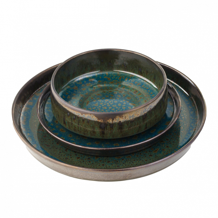 Set 108 Piese Verometal Glazura Albastru Verde Metalic Bronz Metalic Gri, Mat Argintiu ( Farfurie 25 cm, Farfurie 20 cm si Bol 450 ml ) [8]