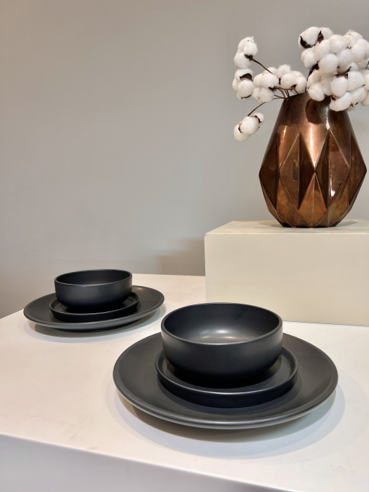Set Farfurii 3 piese Vulcano Duo, Ceramica Negru Mat Glazurat Manual ( Farfurie Atena 30cm, Farfurie Mica Ceramica 20 cm, Bol Ceramica 4050) [2]