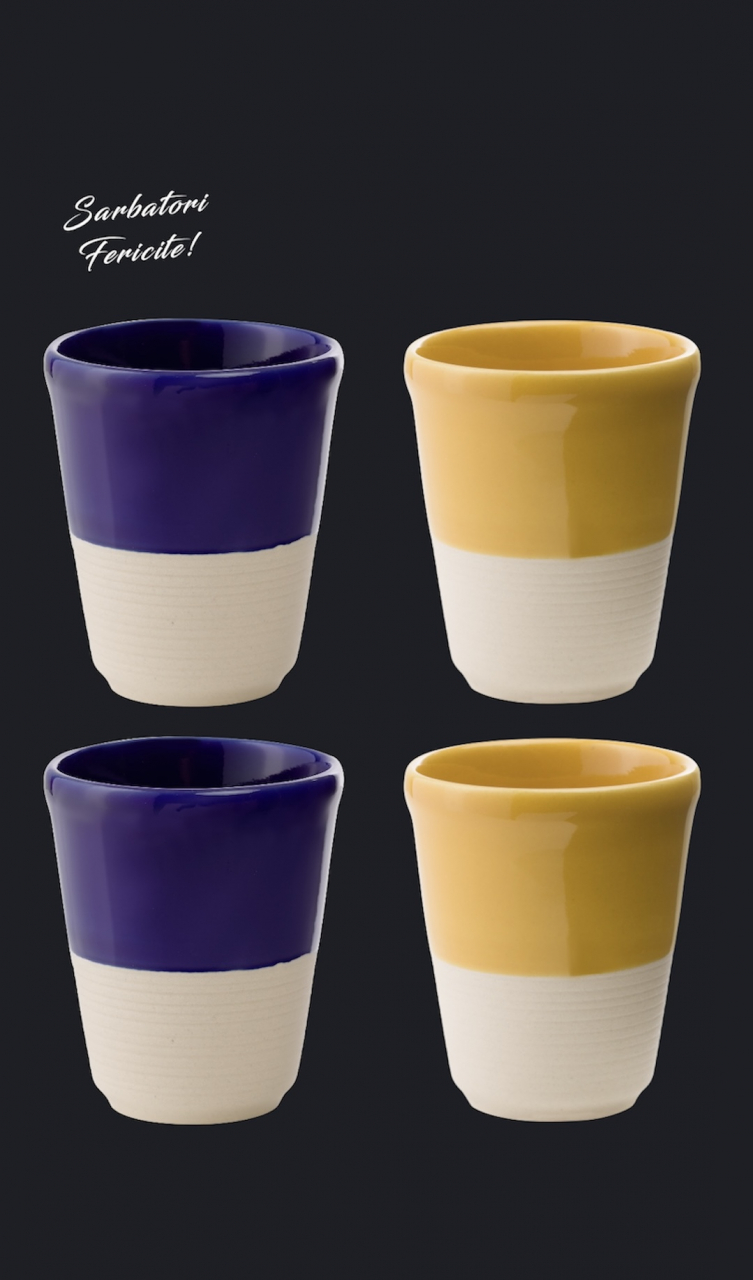 Set Cadou 4 Pahare Ceramică Arhitect Glaze Sãrbãtori (2 Pahare Albastru Cobalt 200ml, 2 Pahare Galbene 200ml) [6]