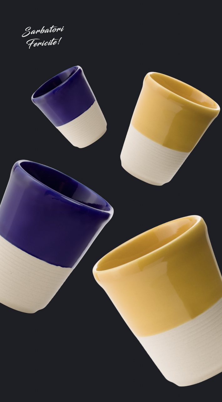 Set Cadou 4 Pahare Ceramică Arhitect Glaze Sãrbãtori (2 Pahare Albastru Cobalt 200ml, 2 Pahare Galbene 200ml) [4]