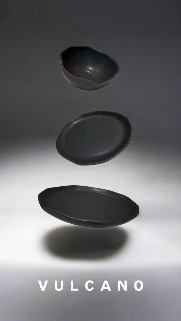 Set Farfurii NOVUM Vulcano 3 piese Negru Mat Carbon (1 Farfurie 26cm, 1 Farfurie 20cm, 1 Bol 480ml) Glazurat Manual [3]