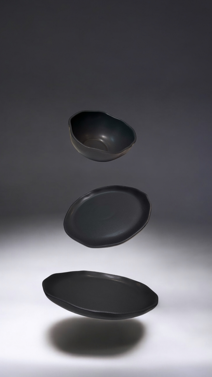 Set Farfurii NOVUM Vulcano 3 piese Negru Mat Carbon (1 Farfurie 26cm, 1 Farfurie 20cm, 1 Bol 480ml) Glazurat Manual [5]