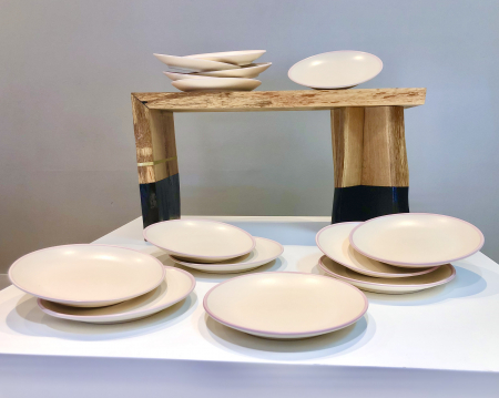 4 Farfurii Mari COLORAT (Alb Sidef Mat cu margine Roz, 26cm) [2]