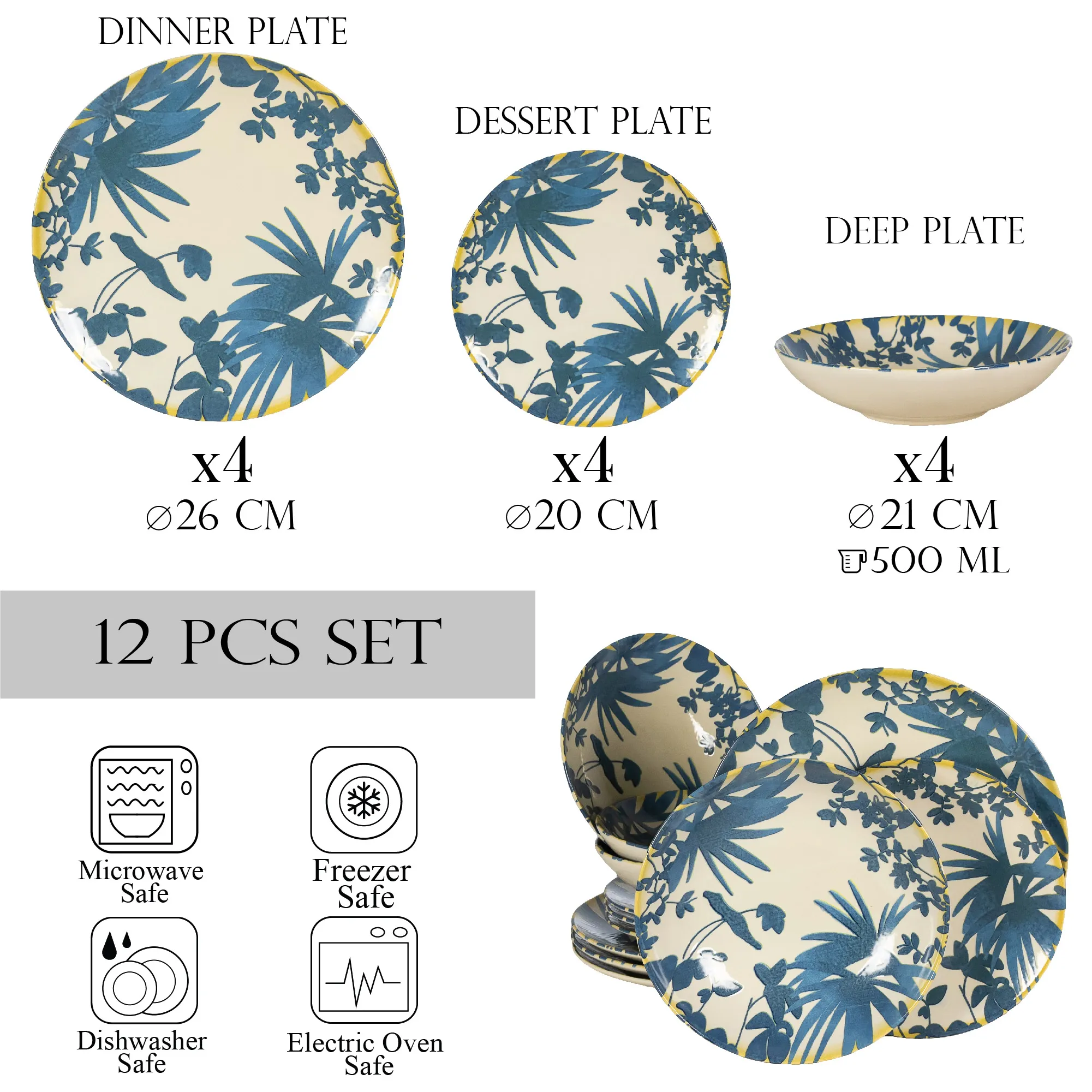 Set 12 Piese Summer 33 Albastru Inchis: 4 Farfurii Întinse 26cm, 4 Farfurii Desert 20cm & 4 Boluri 21cm/500ml [2]