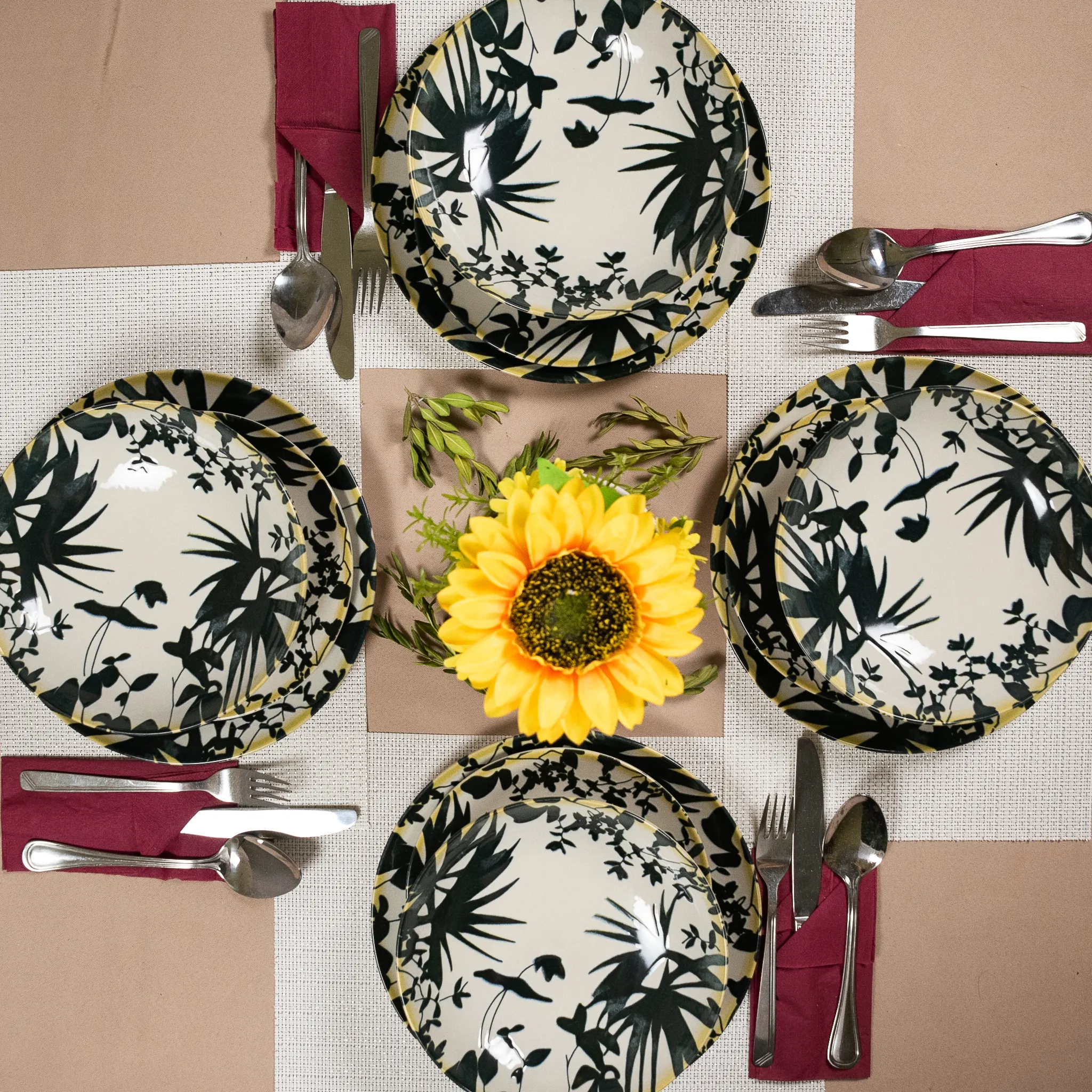 Set 12 Piese Summer 55 Negru: 4 Farfurii Întinse 26cm, 4 Farfurii Desert 20cm & 4 Boluri 21cm/500ml [1]