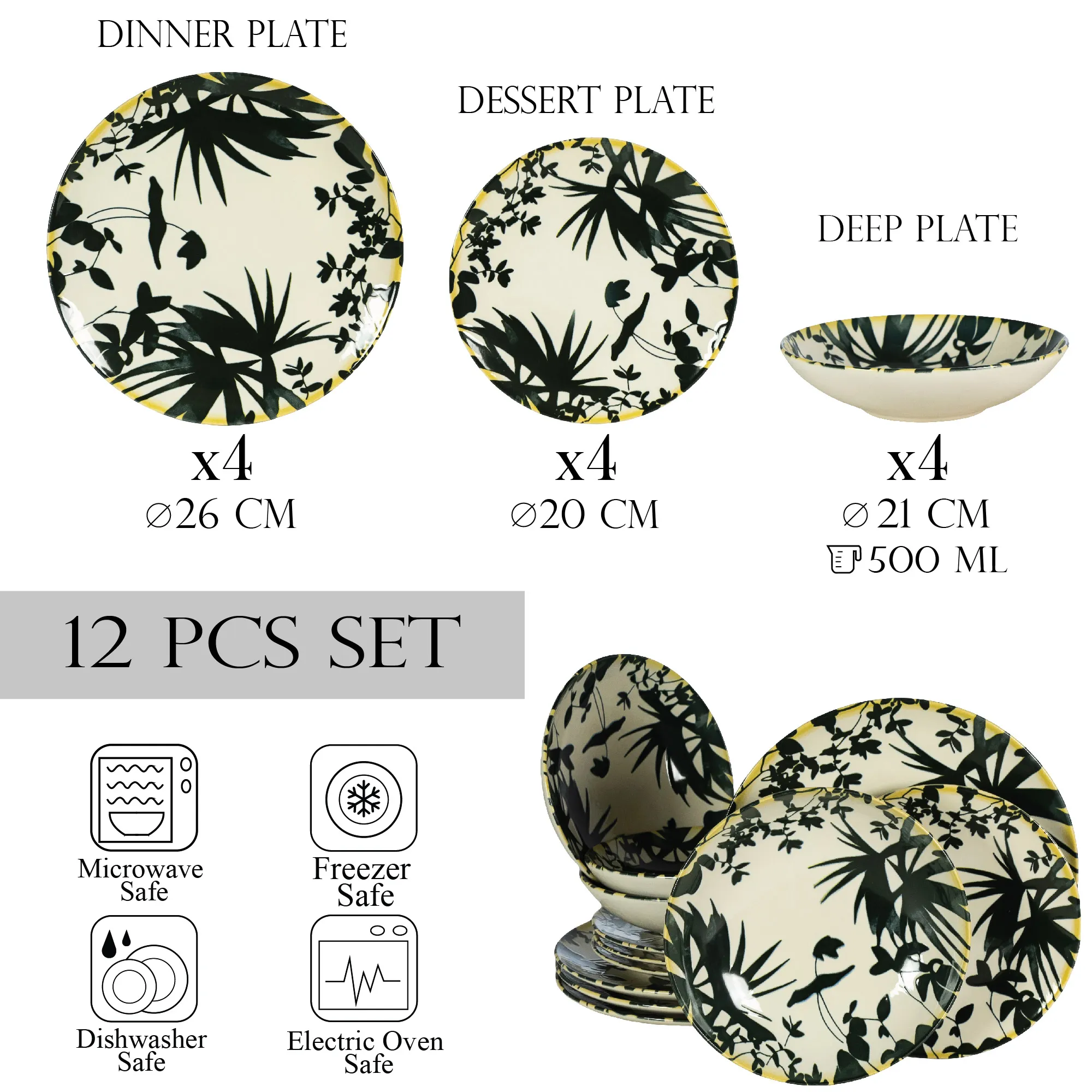 Set 12 Piese Summer 55 Negru: 4 Farfurii Întinse 26cm, 4 Farfurii Desert 20cm & 4 Boluri 21cm/500ml [2]