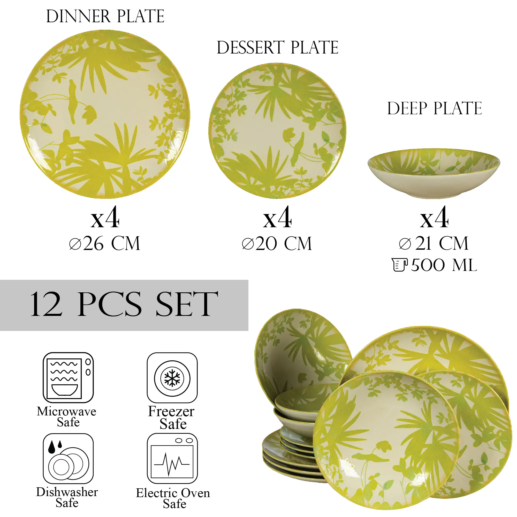 Set 12 Piese Summer 77 Verde: 4 Farfurii Întinse 26cm, 4 Farfurii Desert 20cm & 4 Boluri 21cm/500ml [2]