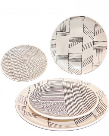 Set 12 Farfurii Ceramica (6 buc Desert 21cm, 6 buc Mari 26cm) Decorama Bej Deschis cu Pensulare Manuala Linii Neagre [3]