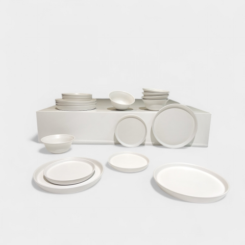OUTLET -60% - Set Farfurii 18 piese Casablanca ALB MAT ( 6 Farfurii Mari25cm, 6 Farfurii Desert 20cm, 6 Boluri 450ml) - Ceramică Manuală