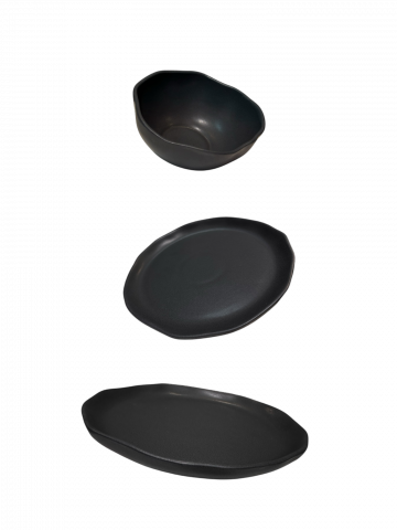 Farfurii - Set Farfurii NOVUM Vulcano 3 piese Negru Mat Carbon (1 Farfurie 26cm, 1 Farfurie 20cm, 1 Bol 480ml) Glazurat Manual