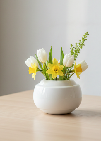 Obiecte Decorative - Vaza / Ghiveci Alb-Olive (20cm diametru, 14cm inaltime)