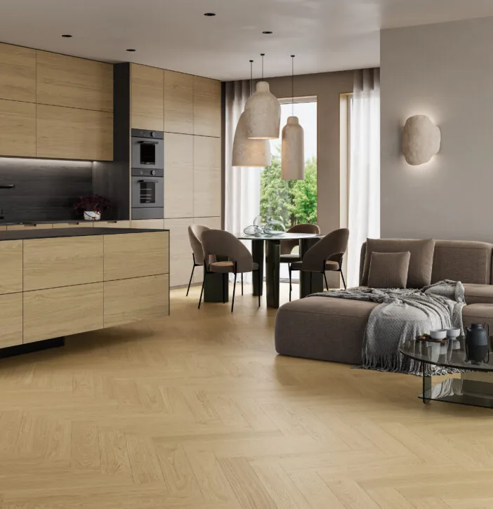 SPC - STONE POLYMER COMPOSITE - Parchet vinil SPC Stejar Cream Herringbone (cu substrat integrat)