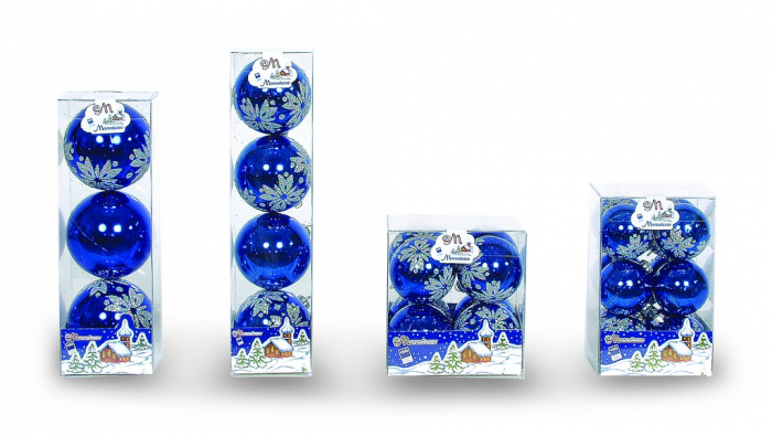 Set 4 globuri 70mm albastre cu decor glitter argintiu [1]