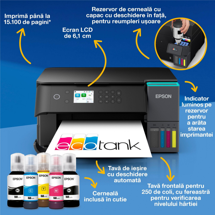 EcoTank L6360 - Multifuncțional A4 cu Wi-Fi și imprimantă cu rezervor de cerneală AirPrint, funcții de scanare, copiere și imprimare față-verso. (Inlocuieste imprimanta L6260) [2]