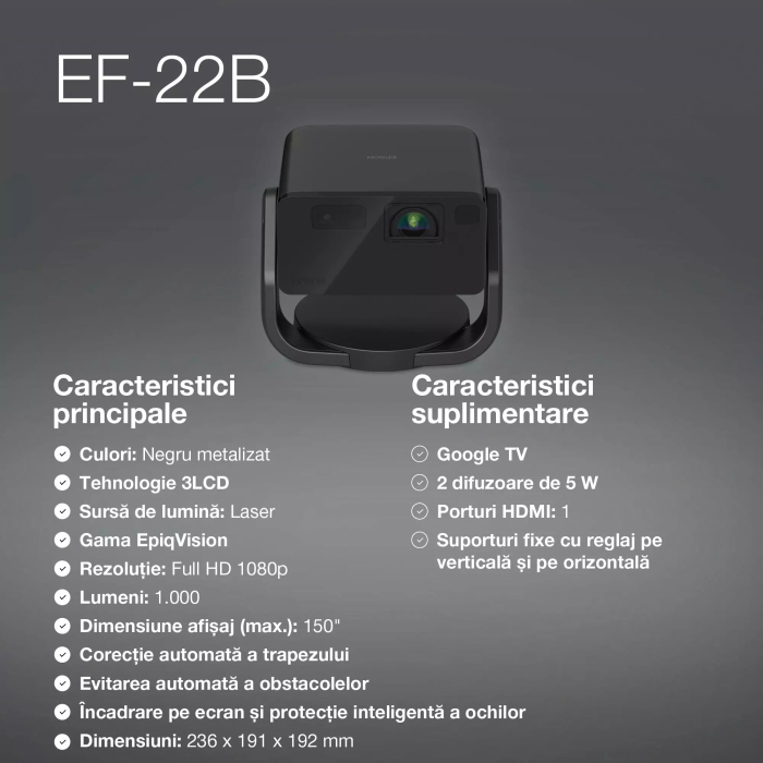 Videoproiector Epson EF-22B, mini proiector laser, 1.000 lumeni, ecran de până la 150 inci, Google TV™ și difuzor Bluetooth, portabil, suport fix [6]