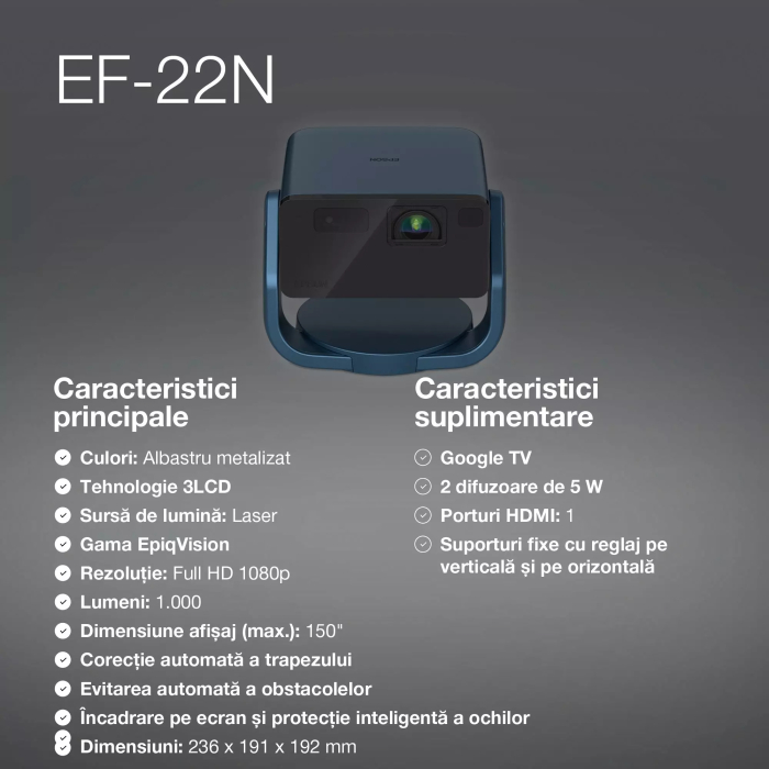 Videoproiector Epson EF-22N, mini proiector laser, 1.000 lumeni, ecran de până la 150 inci, Google TV™ și difuzor Bluetooth, portabil, suport fix [6]