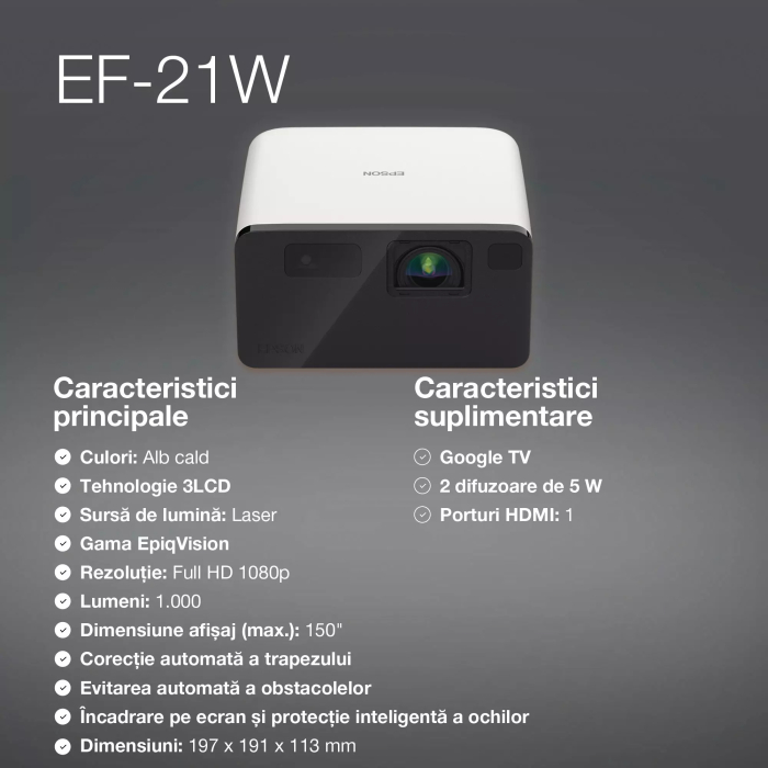Videoproiector Epson EF-21W, mini proiector laser, 1.000 lumeni, ecran de până la 150 inci, Google TV™ și difuzor Bluetooth, portabil [5]