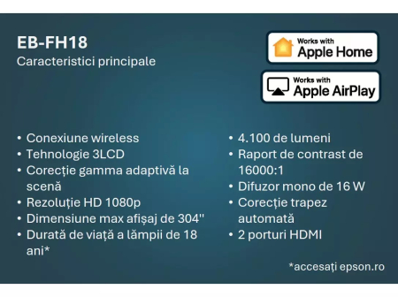 Videoproiector  Epson EB-FH18 cu lampă Full HD, Apple AirPlay 2, WiFi, 2 porturi HDMI, 4.100 de lumeni, display de mari dimensiuni de până la 304 inci [1]
