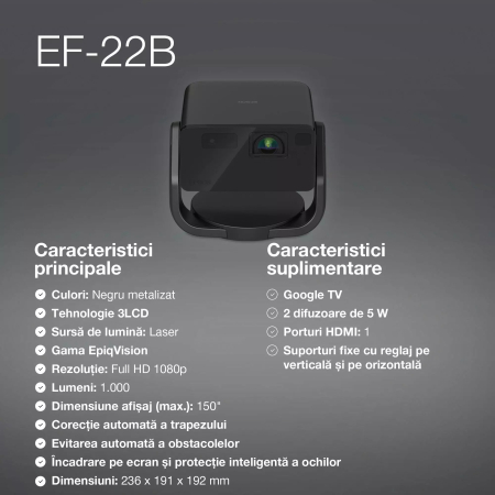 Videoproiector Epson EF-22B, mini proiector laser, 1.000 lumeni, ecran de până la 150 inci, Google TV™ și difuzor Bluetooth, portabil, suport fix [5]