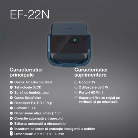 Videoproiector Epson EF-22N, mini proiector laser, 1.000 lumeni, ecran de până la 150 inci, Google TV™ și difuzor Bluetooth, portabil, suport fix [5]