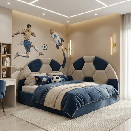 Paturi Copii - Pat tapitat Soccer cu spatiu pentru depozitare, 160x200