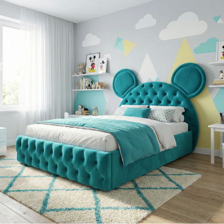 Paturi Copii - Pat tapitat Teddy cu spatiu pentru depozitare, 120x200