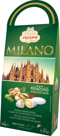 Bomboane - Milano - Migdale Prajite Invelite In Ciocolata Alba Cu Aroma De Fistic 150g