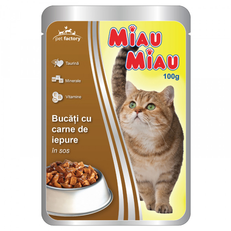 Animale de companie - Mancare umeda pisici, Miau Miau, Carne de Iepure, 100 g